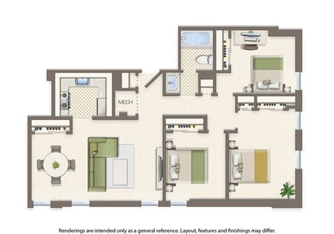 Floor plan for 3 beds, 1 bath, 866 sqft